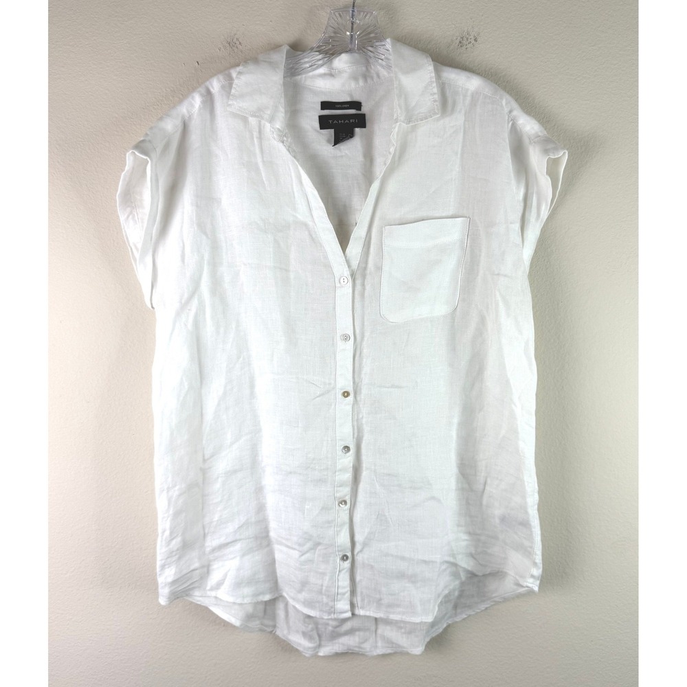 Tahari Button Down Women Medium White Linen Short Sleeve Pocket Casual Top